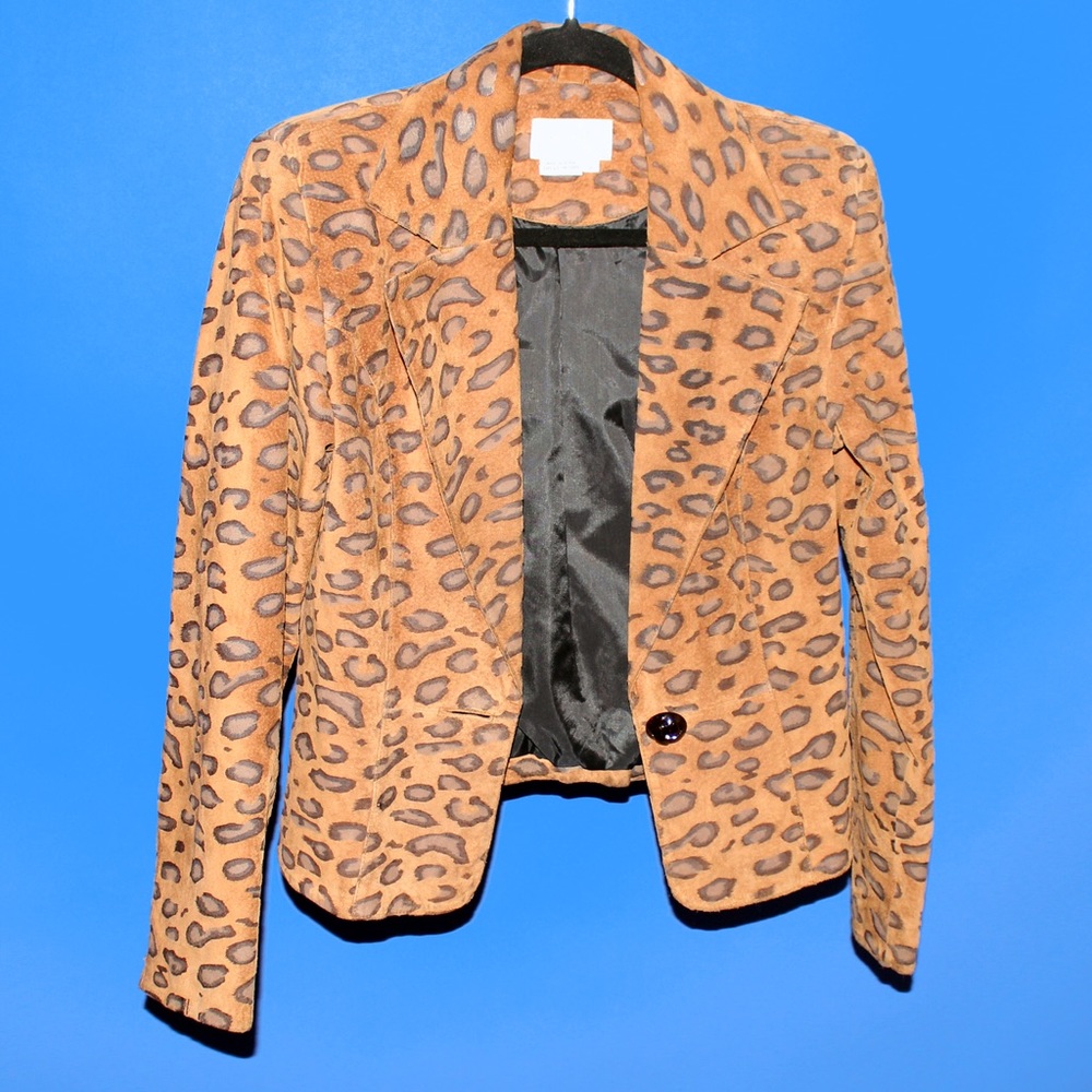 Cache vintage leather leopard print blazer sz 2 s